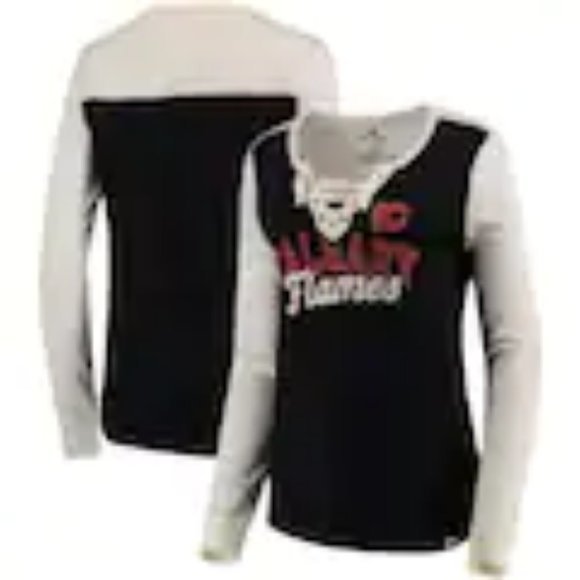 Women's NHL Calgary Flames Black/White Lace Up Long Sleeve Shirt XL NIP - Picture 1 of 6